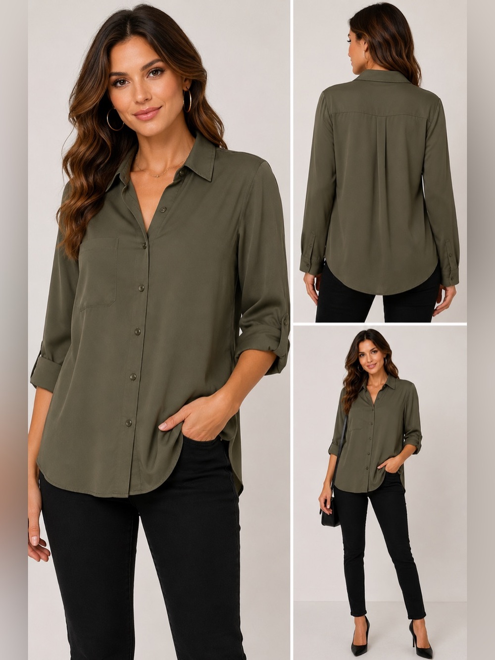 Aisew Olive Green Button Down Blouse Plus Size 2XL